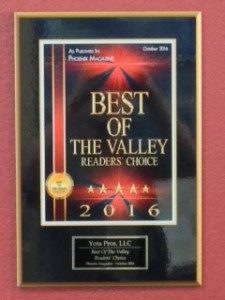 Framed Best of the Valley Readers' Choice 2016 plaque at Yota Pros