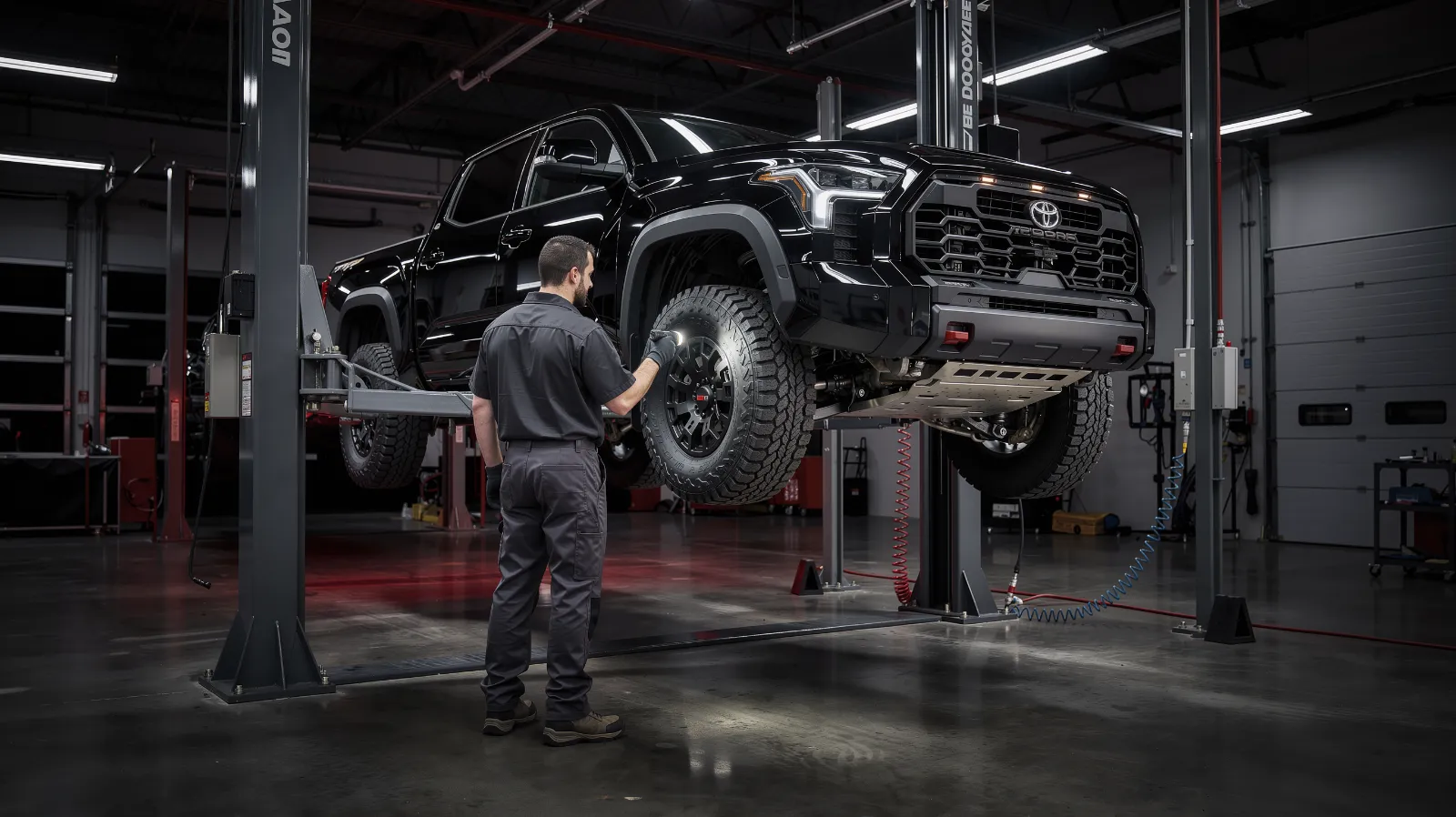 Lifted black Toyota pickup on a lift with a technician checking the front suspension