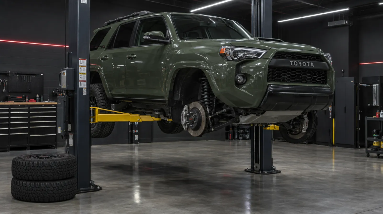 Lifted green Toyota 4Runner on a lift with the front wheels off
