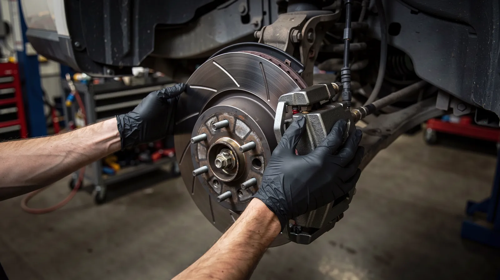 Gloved hands fitting a brake caliper over a slotted rotor