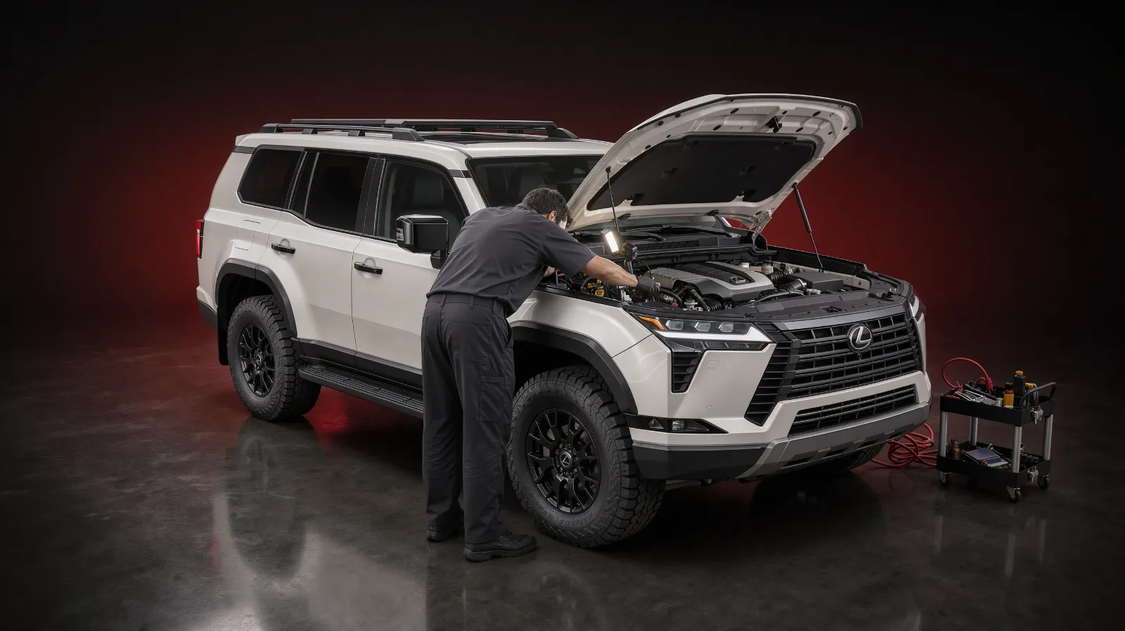 White Lexus GX 550 with the hood open and a technician at the engine