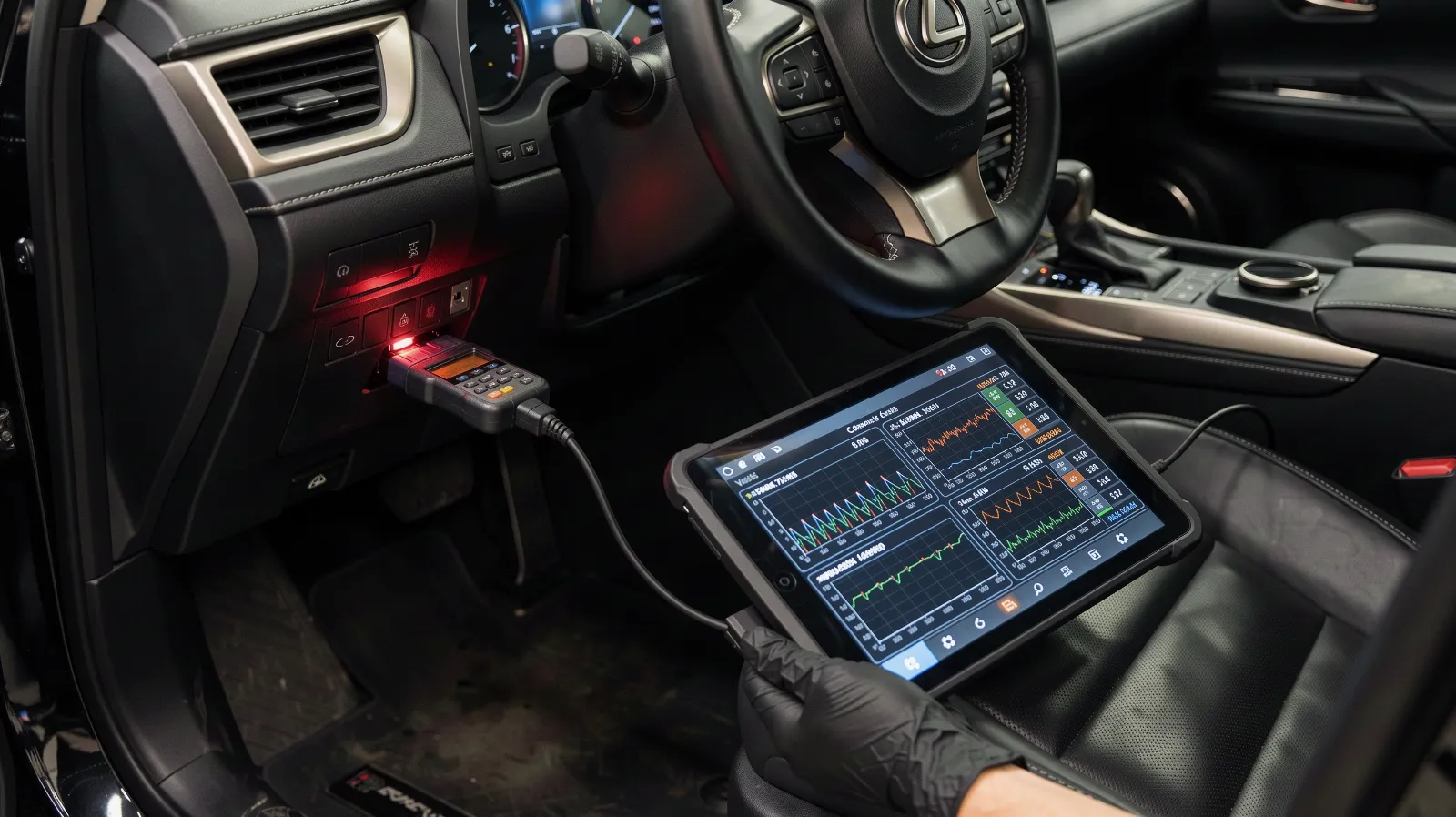 Diagnostic scan tool plugged in under a Lexus dashboard