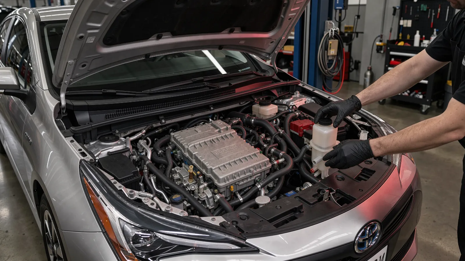 Silver Toyota Prius with gloved hands at the inverter coolant reservoir