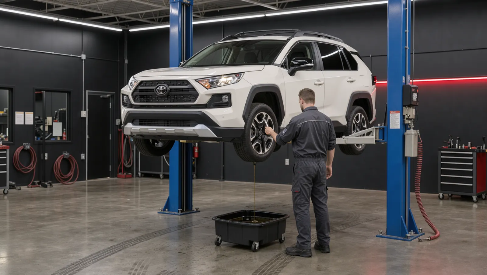 White Toyota RAV4 on a lift with oil draining into a rolling drain pan