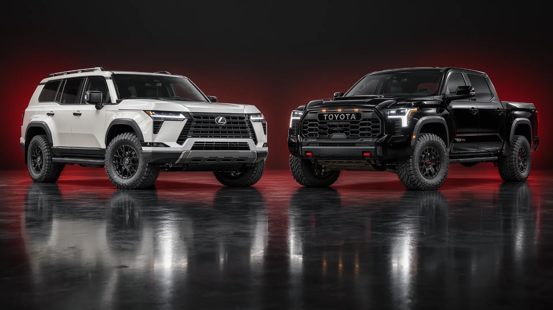 White Lexus GX 550 and black Toyota Tundra parked side by side